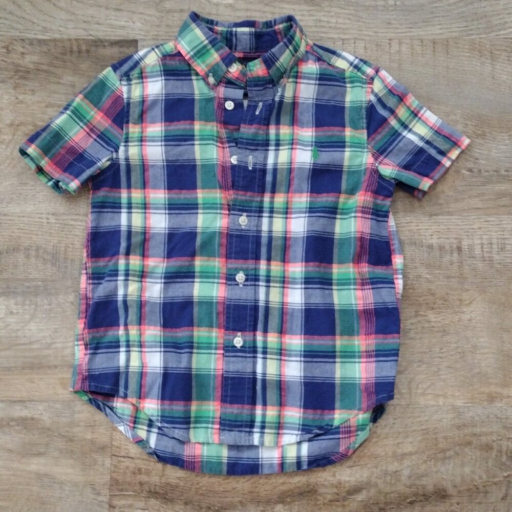 Ralph‎ Lauren boy's madras plaid button front short sleeve shirt Sz 4
